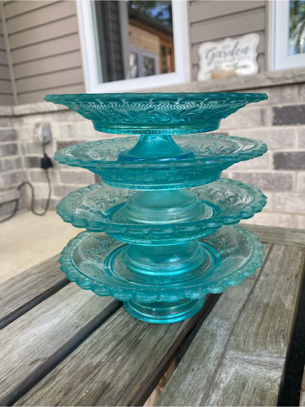 Aqua Teal Pressed Glass Pedestal Desert plates 4 Set